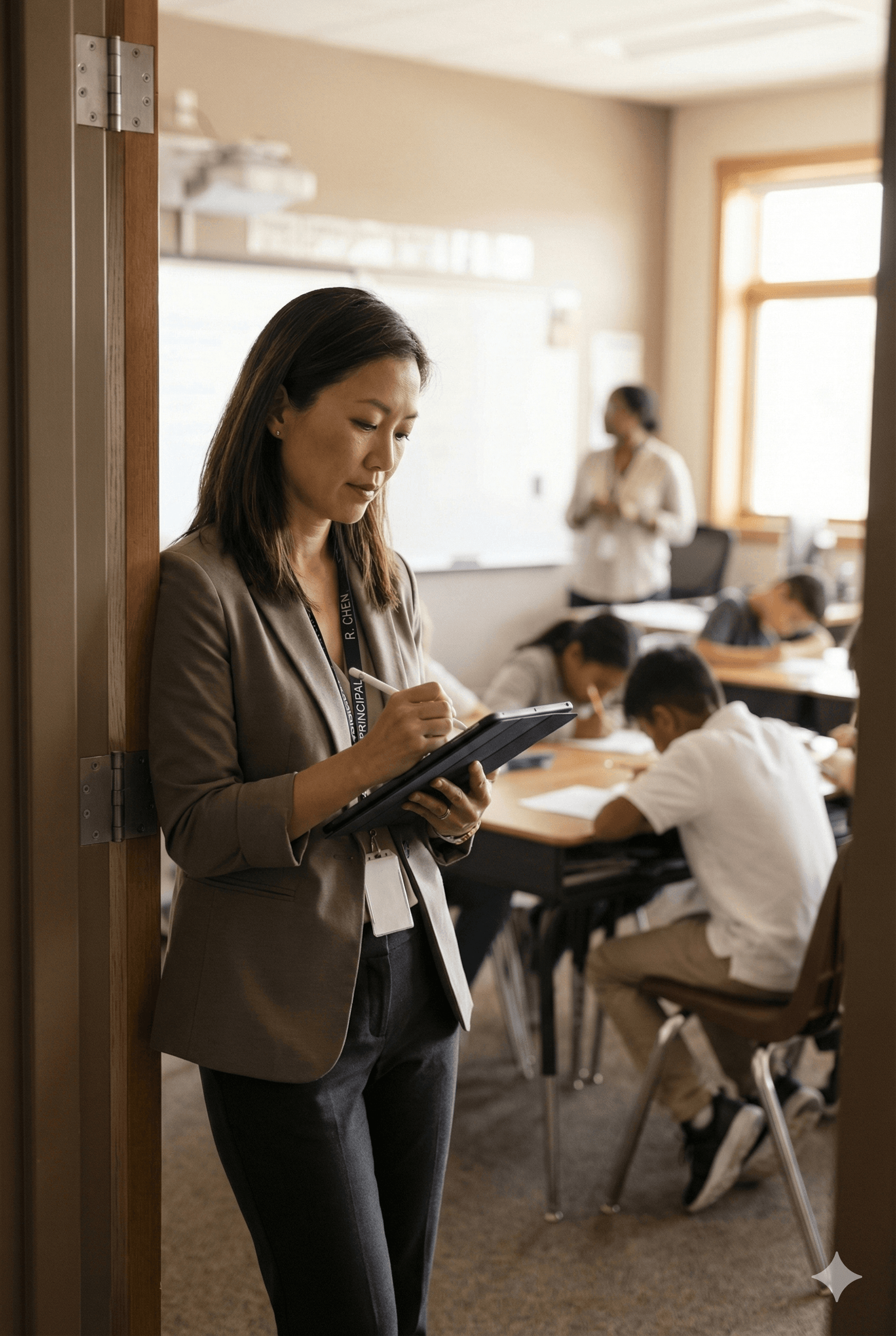 Principal taking observation notes on a tablet during a classroom walkthrough with rubric-aligned feedback on screen